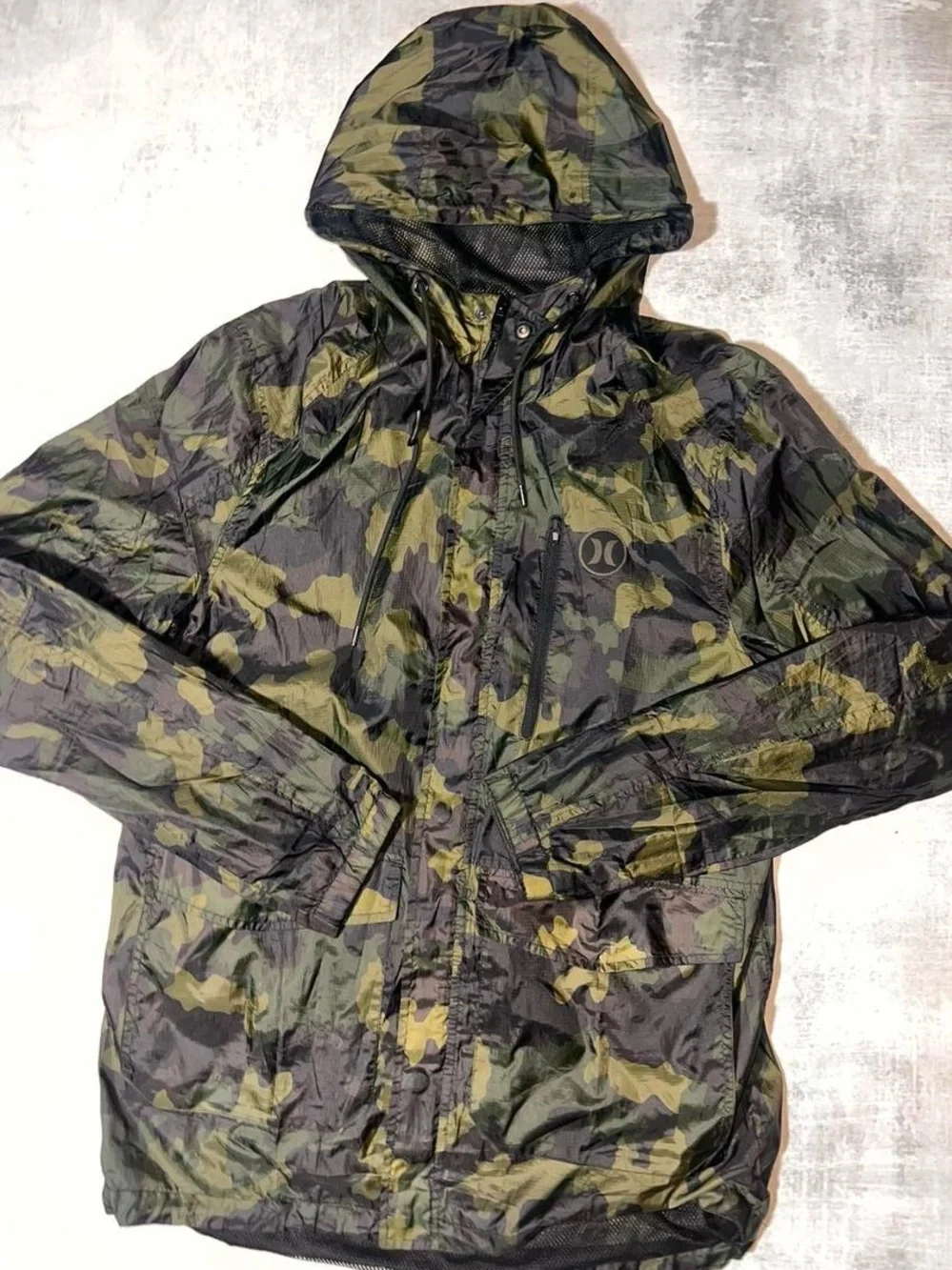 Hurley Men's Camo Hooded Windbreaker Jacket - Olive/Black